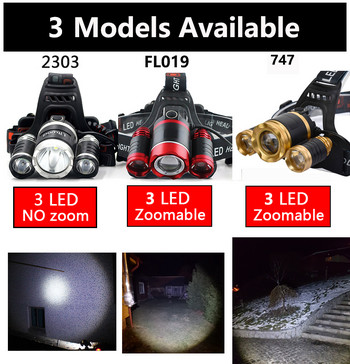3 LED фара Мощен челник USB акумулаторна факла за увеличение Водоустойчив лов Къмпинг Външен фенер