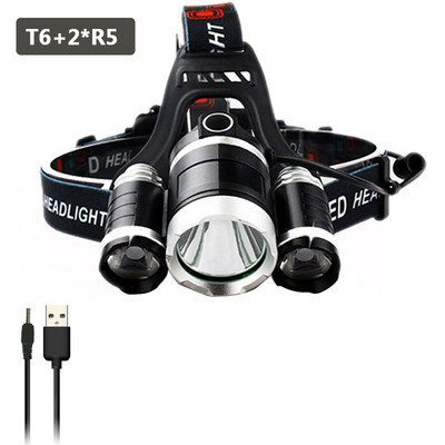 3 LED-es fényszóró Erőteljes fejlámpa USB Újratölthető Zoom Fejlámpa Fáklya Vízálló Vadász Kemping Kültéri Lámpa