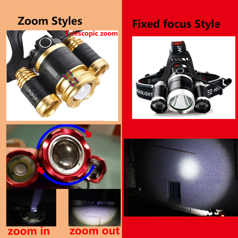 3 LED-es fényszóró Erőteljes fejlámpa USB Újratölthető Zoom Fejlámpa Fáklya Vízálló Vadász Kemping Kültéri Lámpa