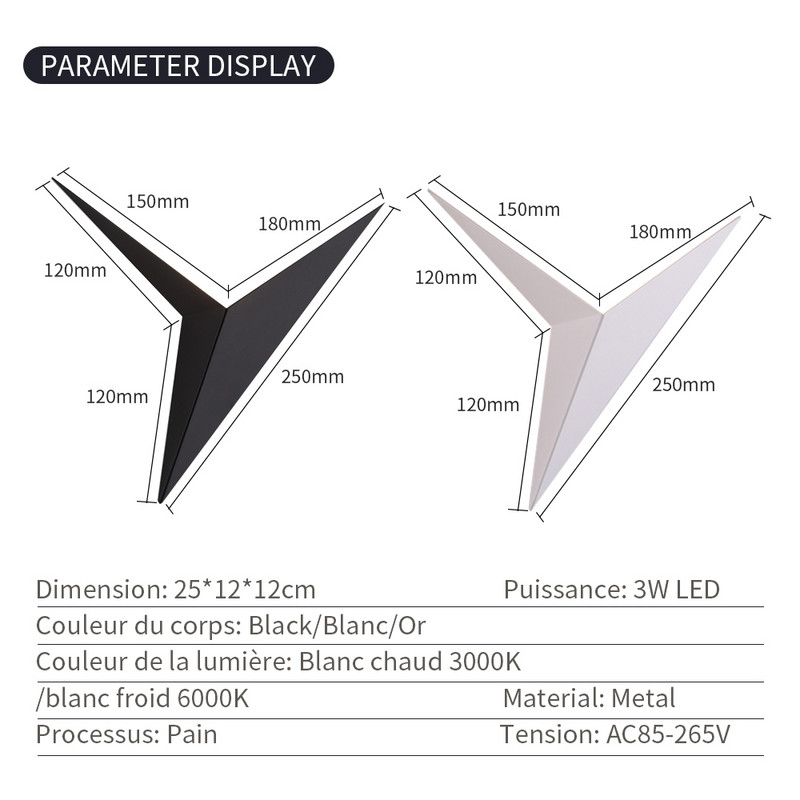 Modernas minimālisma trīsstūra formas LED sienas lampas Ziemeļvalstu stila iekštelpu sienas lampas Dzīvojamās istabas apgaismojums 3W AC85-265V Vienkāršs apgaismojums