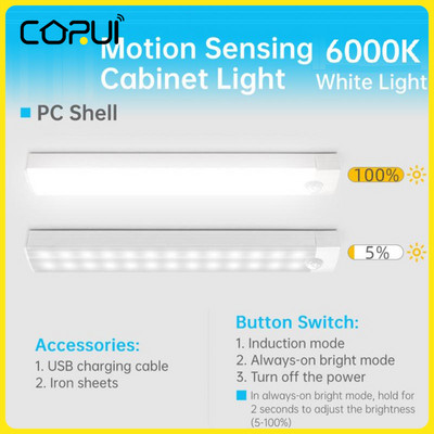 CoRui cu senzor de mișcare inteligent de 10 mm, lumină de noapte, lampă LED magnetică fără fir, reîncărcabilă prin USB, lampă pentru dulap, bucătărie, dormitor