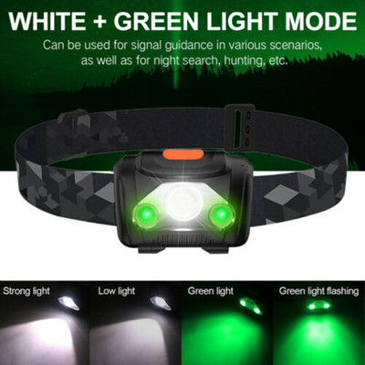 Nešiojamas mini priekinis žibintas žalia/raudona/balta dviguba priekinė lemputė 4 režimų LED žibintuvėlis lauko stovyklavimo priekinis žibintas Maitinamas AAA baterija