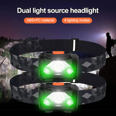 Nešiojamas mini priekinis žibintas žalia/raudona/balta dviguba priekinė lemputė 4 režimų LED žibintuvėlis lauko stovyklavimo priekinis žibintas Maitinamas AAA baterija