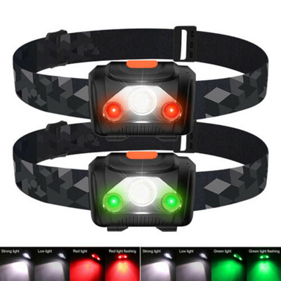 Nešiojamas mini priekinis žibintas žalia/raudona/balta dviguba priekinė lemputė 4 režimų LED žibintuvėlis lauko stovyklavimo priekinis žibintas Maitinamas AAA baterija
