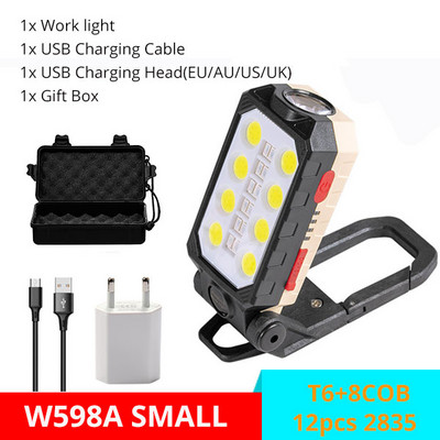 Prenosná lampa 8000LM LED pracovné svetlo s háčikom a magnetom na kempingové svietidlo COB USB nabíjateľná baterka 18650 vodotesná baterka
