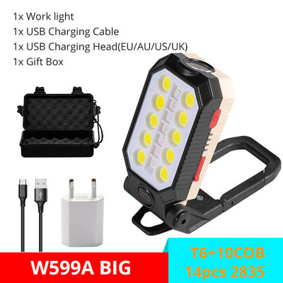 Prenosná lampa 8000LM LED pracovné svetlo s háčikom a magnetom na kempingové svietidlo COB USB nabíjateľná baterka 18650 vodotesná baterka