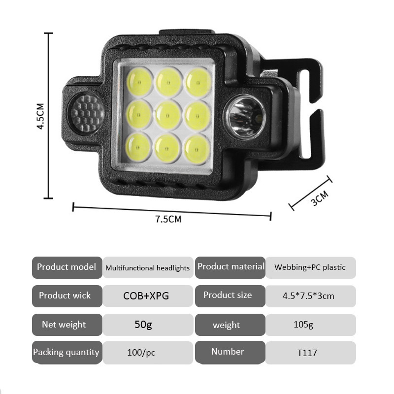 Daudzfunkcionāls COB priekšējais lukturis 5 modeļa mini pārnēsājams lukturītis ar iebūvētu akumulatoru LED priekšējais lukturis kempinga makšķerēšanas priekšējie lukturi.