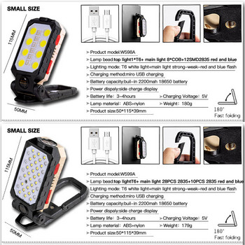 USB акумулаторна работна лампа COB, преносимо LED фенерче, регулируемо водоустойчиво фенерче за къмпинг, магнитен дизайн с дисплей за захранване