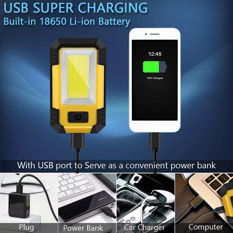 Y36 LED darba gaisma ar magnētu USB uzlādējamas pārnēsājamas kempinga gaismas COB āķa automātiskā remonta lampa Power Bank lukturītis āra