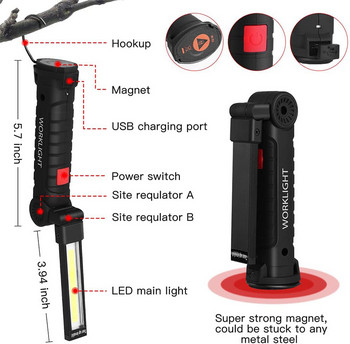 Επαναφορτιζόμενα φώτα εργασίας USB Φωτισμός εργασίας LED 5 Λειτουργίες Μαγνητικός φακός τακτικός φακός COB Φορητός φλας εργασίας