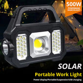 500W solárna COB kempingová lampa, nabíjateľná USB baterka, prenosná výkonná lampa, pracovný reflektor, projekčné lampy