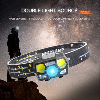 Lanterna frontală cu senzor de mișcare XPE+COB 5 moduri Lanternă pentru camping, reîncărcabilă prin USB, lampă frontală cu LED pentru alergare, far pentru pescuit