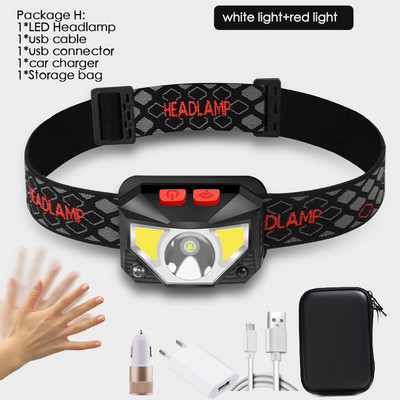 Lampă frontală cu LED-uri, cu mâinile libere, puternică, de 20000 lum, Lampă frontală cu senzor de mișcare Lanternă Baterie încorporată inductivă cu cutie portabilă