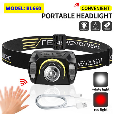 Prenosný mini čelovkový lampáš s 8000lm senzorom, USB LED, super jasné červené rybárske svetlá, vodotesný zoom lampáš, EDC baterka