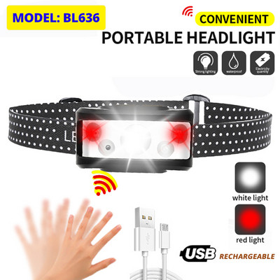 Prenosný mini čelovkový lampáš s 8000lm senzorom, USB LED, super jasné červené rybárske svetlá, vodotesný zoom lampáš, EDC baterka