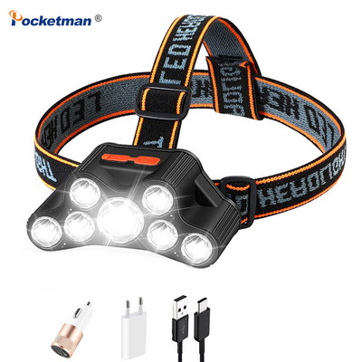 7 LED priekšējie lukturi USB uzlādējams priekšējais lukturis Spēcīgas gaismas Super Bright Makšķerēšanas lāpa liela darbības rādiusa Apgaismojums uz galvas piestiprināti lukturīši