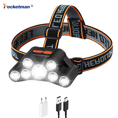 7 LED priekšējie lukturi USB uzlādējams priekšējais lukturis Spēcīgas gaismas Super Bright Makšķerēšanas lāpa liela darbības rādiusa Apgaismojums uz galvas piestiprināti lukturīši