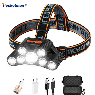 7 LED priekšējie lukturi USB uzlādējams priekšējais lukturis Spēcīgas gaismas Super Bright Makšķerēšanas lāpa liela darbības rādiusa Apgaismojums uz galvas piestiprināti lukturīši