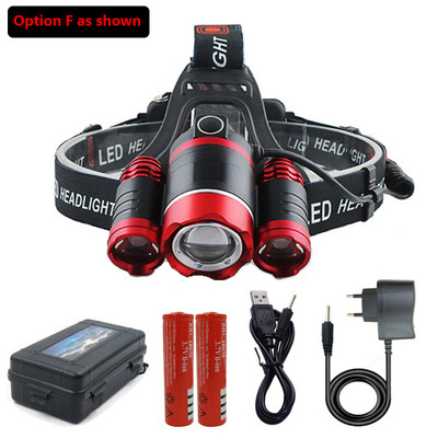 LED priekšējo lukturu priekšējais lukturis 3 LED galvas laterna āra riteņbraukšanas makšķerēšanas gaismai Izmantojiet 2 * 18650 akumulatoru kā dāvanu 15000LM