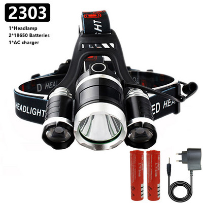 LED priekšējo lukturu priekšējais lukturis 3 LED galvas laterna āra riteņbraukšanas makšķerēšanas gaismai Izmantojiet 2 * 18650 akumulatoru kā dāvanu 15000LM