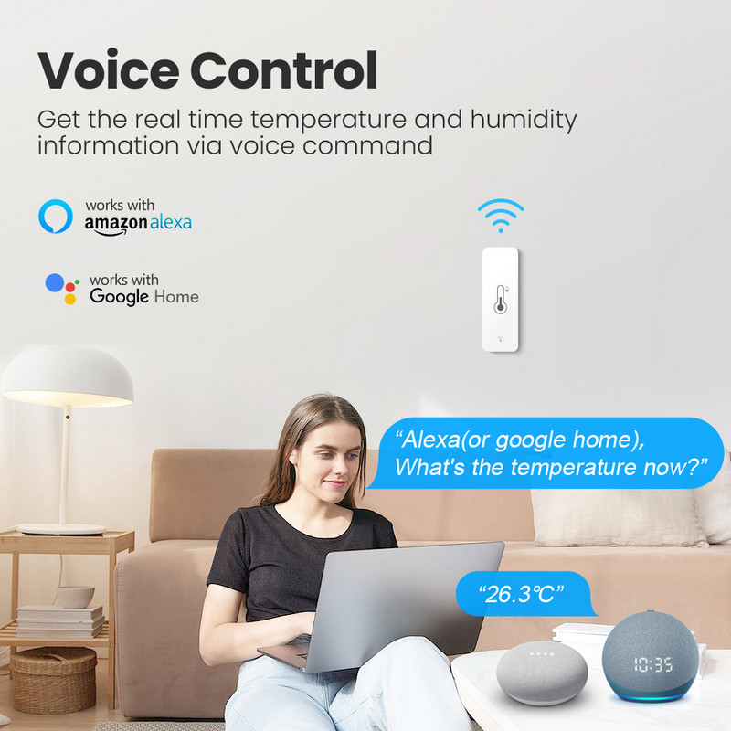 AVATTO Tuya WiFi temperatūras mitruma sensors, iekštelpu higrometra temperatūras sensora mitruma mērītāja atbalsts Alexa Google sākumlapa