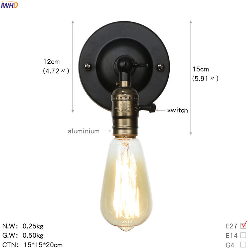 IWHD 4W Edison Aplice de perete retro pentru casă Iluminat de interior Loft Industrial LED întrerupător de lumină de perete Wandlampen Aplique Luz Pared