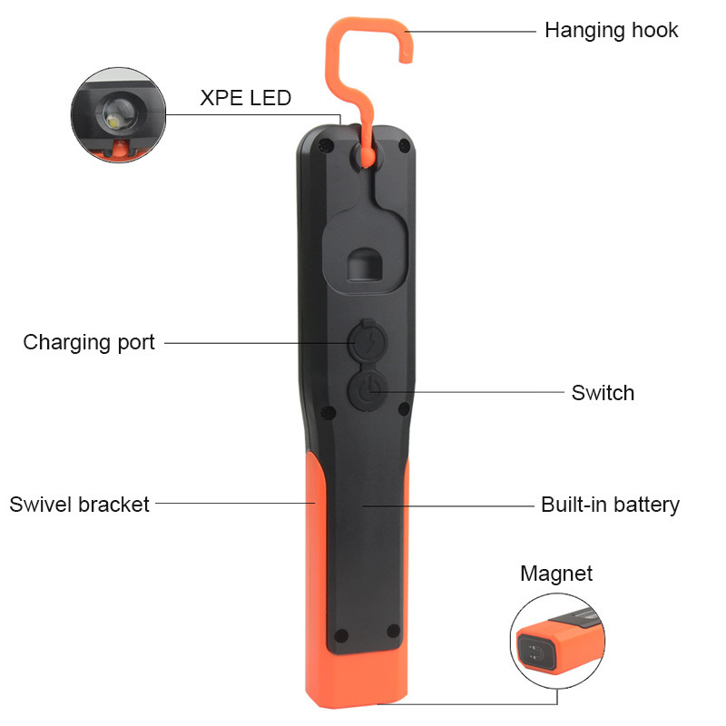 Pārnēsājams LED zibspuldzes USB uzlādējams darba gaisma kempinga darba pārbaudes gaismas lukturis rokas āķa lukturītis magnētiskā laterna