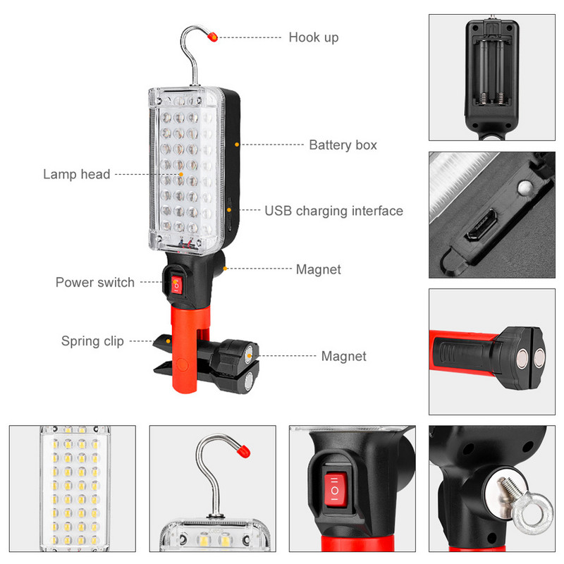Proiector portabil de mână, bază magnetică, lumini de lucru cu LED pentru atelier, reparații auto, camping, drumeții, rucsac