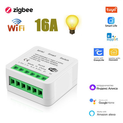 Zigbee WIFI Mini Smart Switch DIY 16A 2 utas vezérlésű megszakító Alexa Alice Google Home Tuya Smart Life Ewelink Cozylife Homekit segítségével