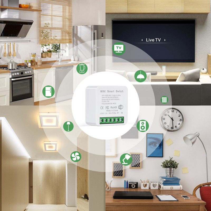 Zigbee WIFI mini viedais slēdzis DIY 16A 2 virzienu vadības slēdzis, izmantojot Alexa Alice Google sākumlapu Tuya Smart Life Ewelink Cozylife Homekit