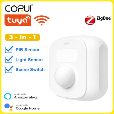 CoRui Tuya Wifi/ZigBee emberi mozgásérzékelő fényérzékelővel jelenetkapcsoló funkció Smart Home Security Protection PIR érzékelő