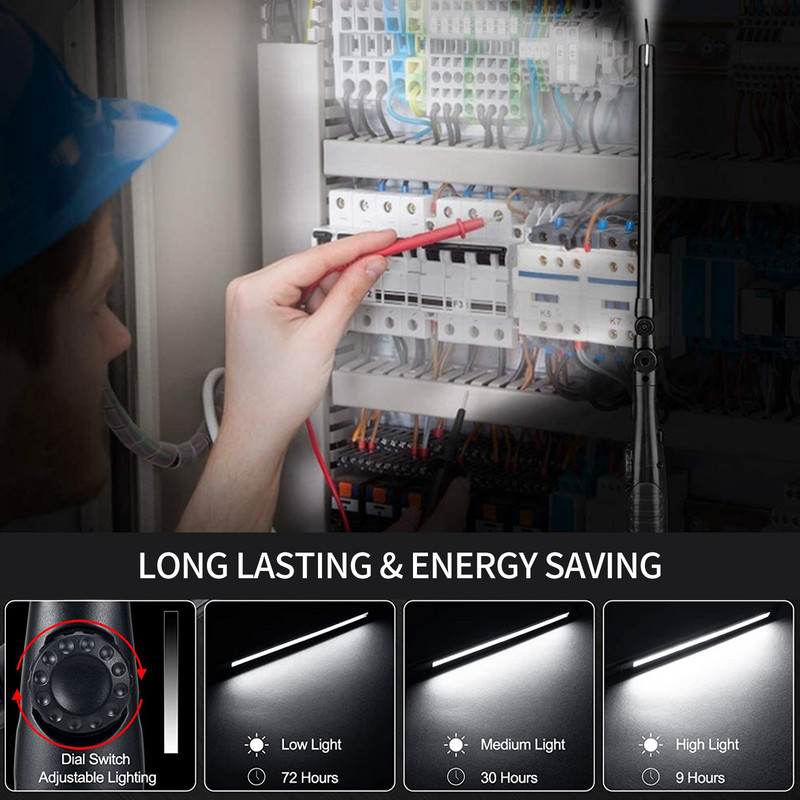 LED-es munkalámpa 800 lumenes újratölthető COB munkalámpa teljesítményjelzővel, mágneses talphoroggal autójavító kempingezéshez