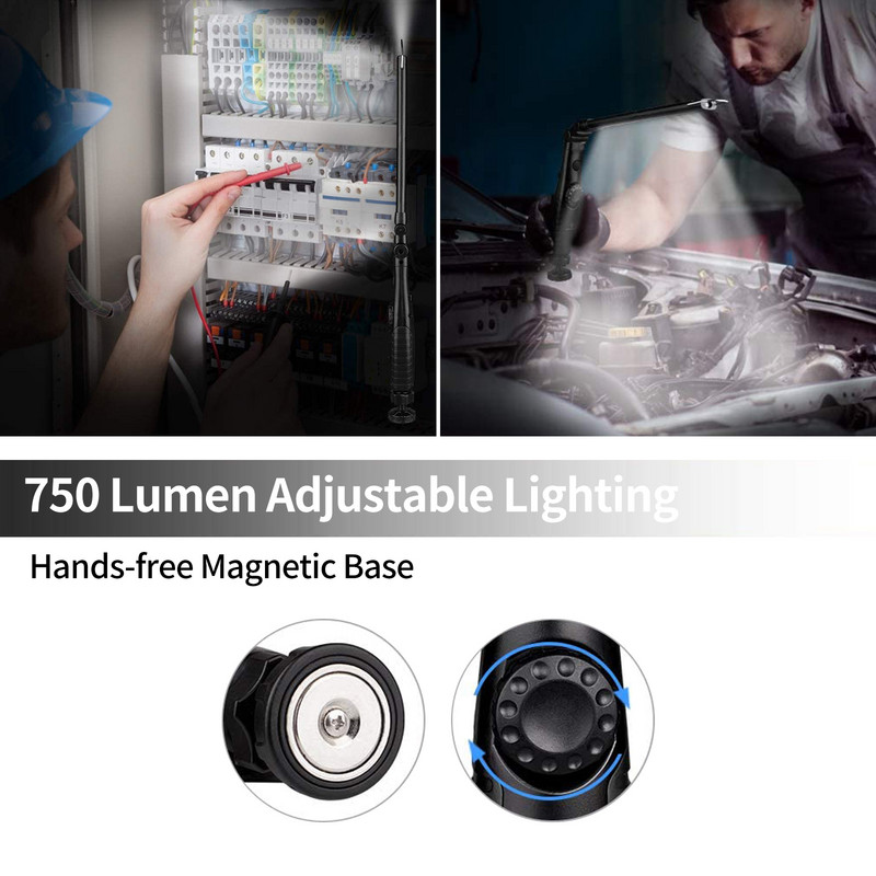 LED-es munkalámpa 800 lumenes újratölthető COB munkalámpa teljesítményjelzővel, mágneses talphoroggal autójavító kempingezéshez