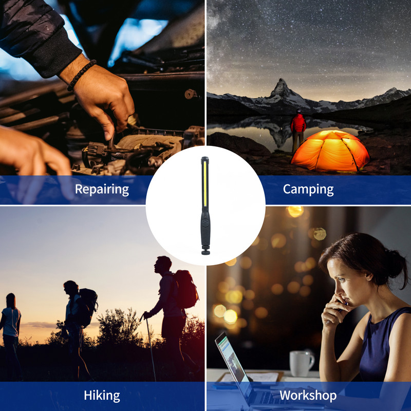 LED-es munkalámpa 800 lumenes újratölthető COB munkalámpa teljesítményjelzővel, mágneses talphoroggal autójavító kempingezéshez