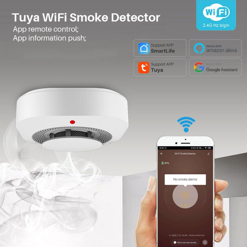 Alarma de fum WiFi Tuya 90DB Protecție împotriva incendiilor Detector de fum Securitate la domiciliu Control prin aplicație Smart Life Funcționează cu Alexa Goole Home