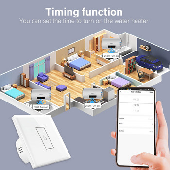 EU TUYA 20A Превключвател за бойлер Smart Wifi Сензорен стенен превключвател Време Водоустойчиво дистанционно управление Работа с Google Home и Alexa