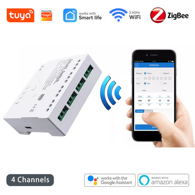 4CH Zigbee Smart Light Switch Module RF433 AC 85-250V Receive 10A Relays Work with Alexa Assistant, Tuya Smart Life