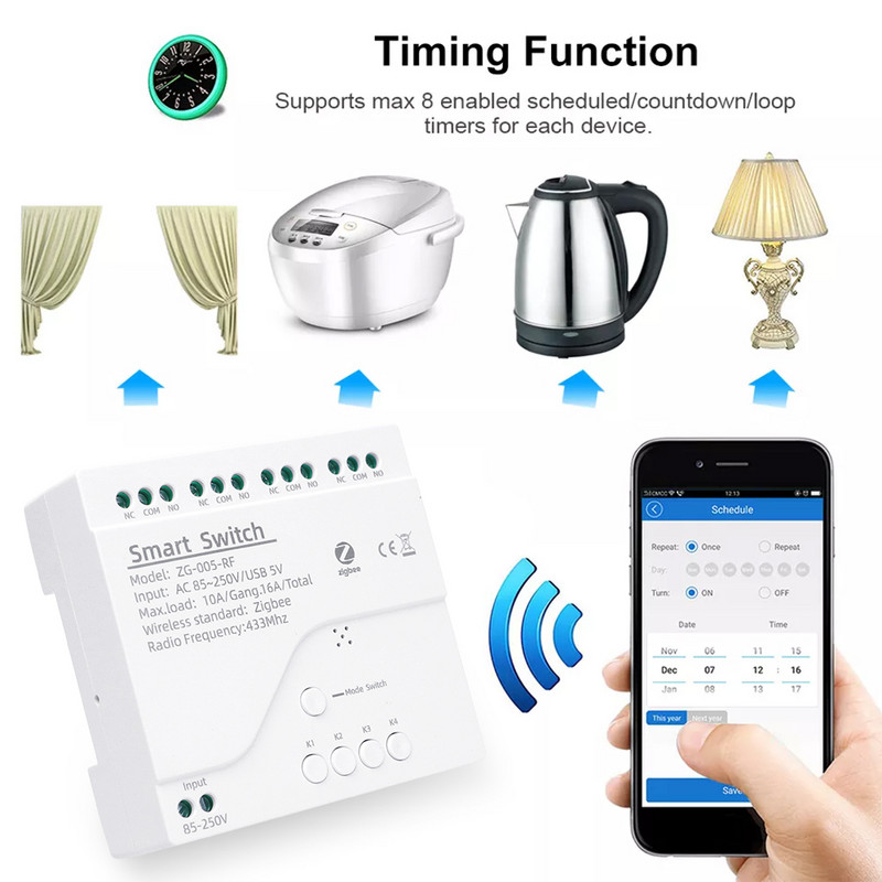 4 csatornás Zigbee intelligens fénykapcsoló modul RF433 AC 85-250V 10A relék fogadása Alexa Assistant, Tuya Smart Life segítségével