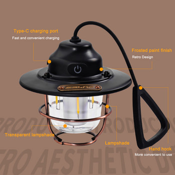 Къмпинг Преносим ретро фенер Винтидж лампа за осветление на палатка USB акумулаторна LED фенерна лампа Висяща аварийна външна светлина