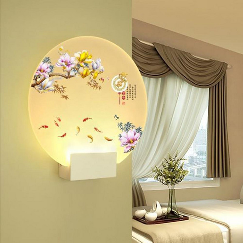 Lampă de perete Surse de lumină dublă Bază stabilă Lampă murală decorativă Acrilic Tipărire în stil retro chinezesc Lampă LED pentru culoar pentru casă