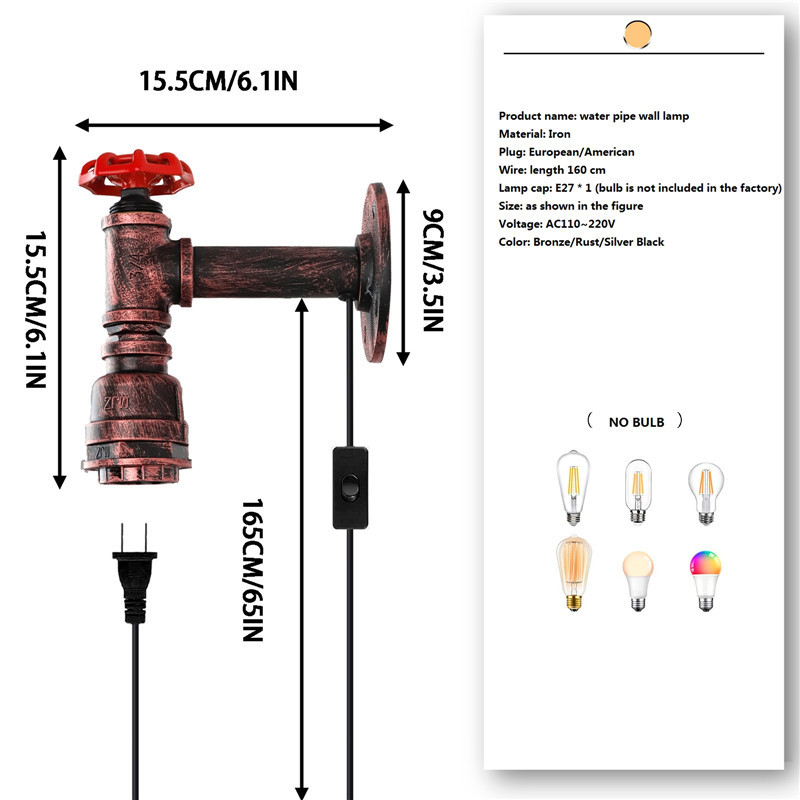 Vintage nástenná lampa s vodovodným potrubím, priemyselná, podkrovná lampa s vypínačom, do kuchyne, spálne, nástenné svietidlo pri posteli, vnútorné osvetlenie