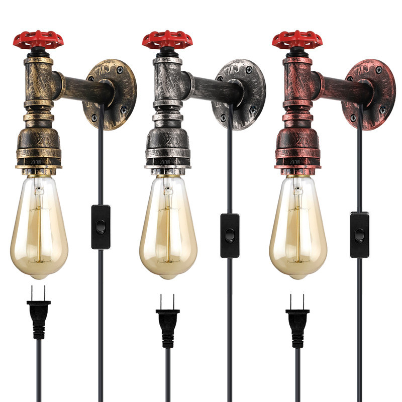 Vintage nástenná lampa s vodovodným potrubím, priemyselná, podkrovná lampa s vypínačom, do kuchyne, spálne, nástenné svietidlo pri posteli, vnútorné osvetlenie