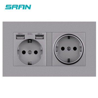 SRAN eu 2gang hálózati aljzat, 16A elektromos csatlakozó földelve Elrejtett LED jelző, dupla aljzat USB-vel, 146*86 mm-es pc panel fali aljzat