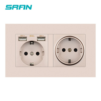 SRAN eu 2gang hálózati aljzat, 16A elektromos csatlakozó földelve Elrejtett LED jelző, dupla aljzat USB-vel, 146*86 mm-es pc panel fali aljzat