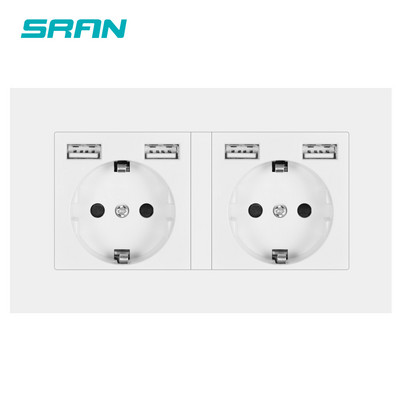 SRAN eu 2gang hálózati aljzat, 16A elektromos csatlakozó földelve Elrejtett LED jelző, dupla aljzat USB-vel, 146*86 mm-es pc panel fali aljzat