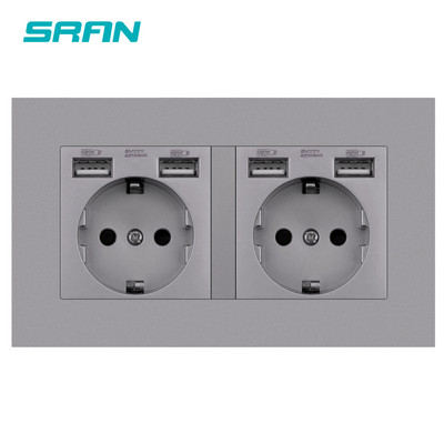 SRAN eu 2gang hálózati aljzat, 16A elektromos csatlakozó földelve Elrejtett LED jelző, dupla aljzat USB-vel, 146*86 mm-es pc panel fali aljzat