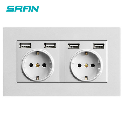SRAN eu 2gang hálózati aljzat, 16A elektromos csatlakozó földelve Elrejtett LED jelző, dupla aljzat USB-vel, 146*86 mm-es pc panel fali aljzat
