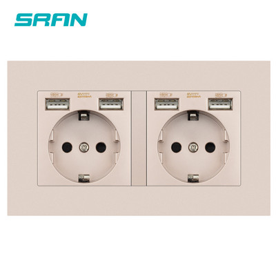 SRAN eu 2gang hálózati aljzat, 16A elektromos csatlakozó földelve Elrejtett LED jelző, dupla aljzat USB-vel, 146*86 mm-es pc panel fali aljzat