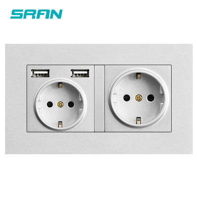 SRAN eu 2gang hálózati aljzat, 16A elektromos csatlakozó földelve Elrejtett LED jelző, dupla aljzat USB-vel, 146*86 mm-es pc panel fali aljzat