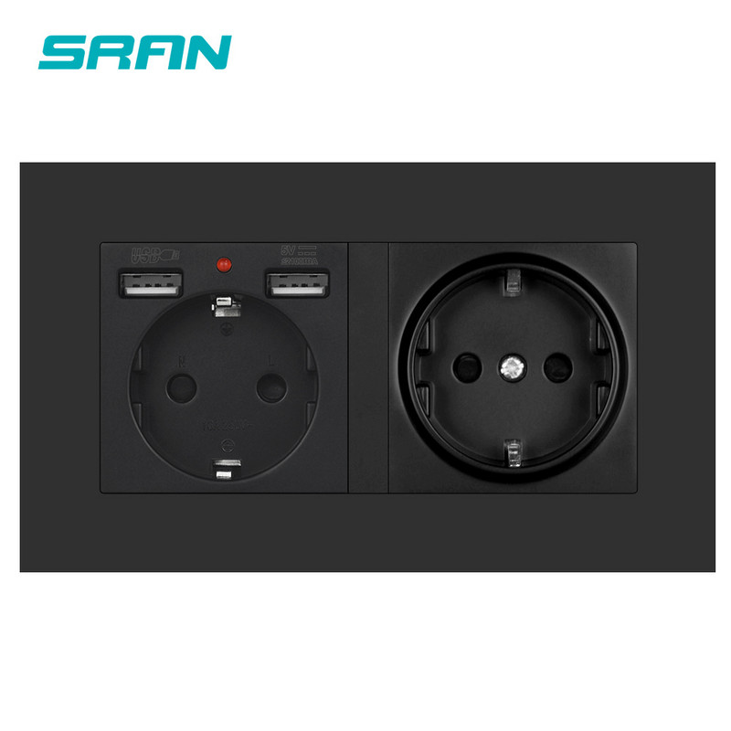 SRAN eu 2gang maitinimo lizdas, 16A elektros kištukas įžemintas Slėpti LED indikatorių,dvigubas lizdas su USB, 146*86mm pc skydelio sieninis lizdas